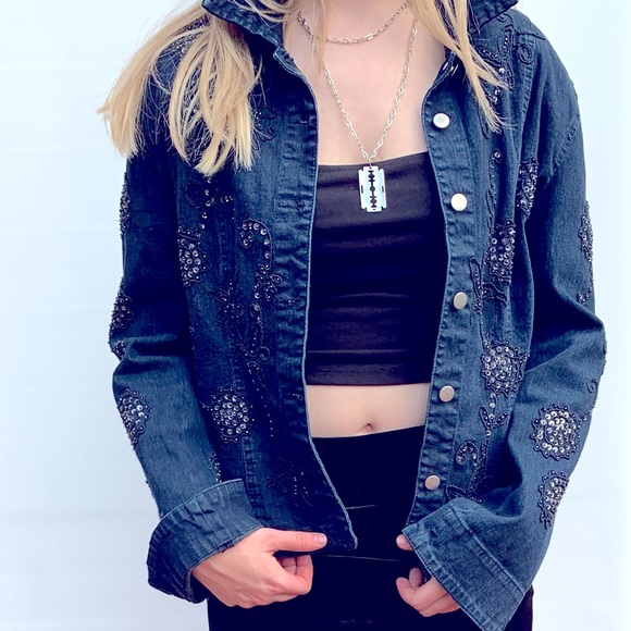 Gorgeous blue denim jacket with blue embroidery & shiny beadings metal buttons M - Picture 9 of 16